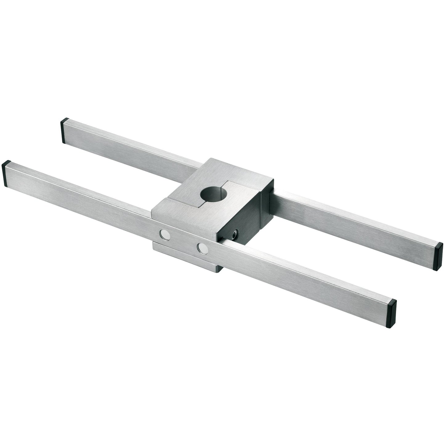 Suporte retangular de aço inoxidável para trilhos Novocal Euroschiene com duas hastes paralelas e pedra de ranhura central, incluindo furação e parafusos, para fixação ajustável de um suporte de infusão de tubo redondo de 25 mm (pacote de 1).