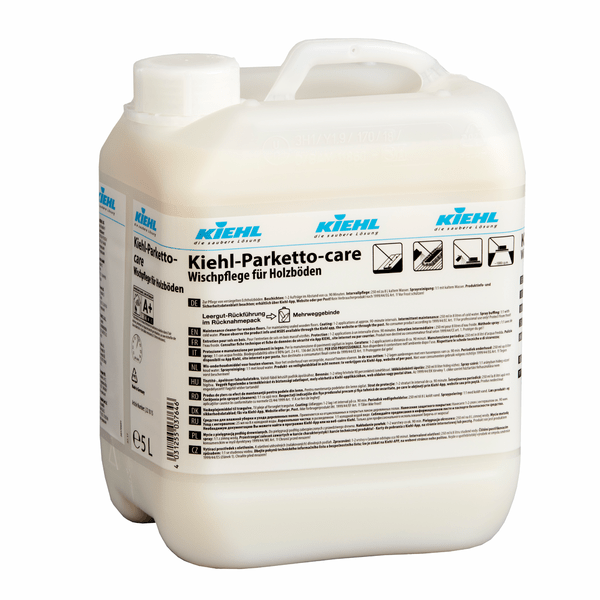 Um recipiente de plástico de 5 litros do Kiehl Parketto-care Dispersão de Cuidados Auto-Brilhante para Pisos de Madeira da Johannes Kiehl KG com etiquetas e pictogramas alemães na frente, que apresentam instruções de uso.