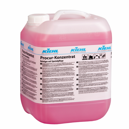 Um grande recipiente de plástico transparente com tampa branca contém o limpador concentrado rosa Kiehl Procur com cuidado especial da Johannes Kiehl KG. No rótulo estão o nome do produto, bem como instruções de uso e pictogramas.