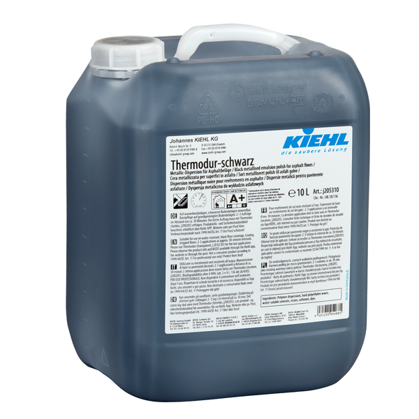 Um recipiente de 10 litros de Thermodur-preto Universal-Dispersão da Johannes Kiehl KG para pisos de asfalto, em um recipiente de plástico escuro com tampa branca e etiqueta com instruções de uso e segurança.