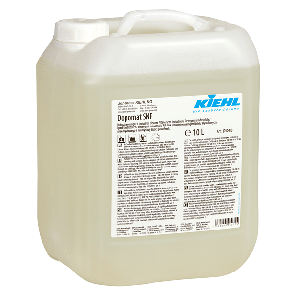 Um recipiente de 10 litros de plástico transparente com alça e tampa branca com a inscrição "Kiehl Dopomat SNF Limpeza Industrial" da Johannes Kiehl KG. O rótulo exibe símbolos de segurança, texto multilíngue e informações sobre o produto de limpeza industrial.
