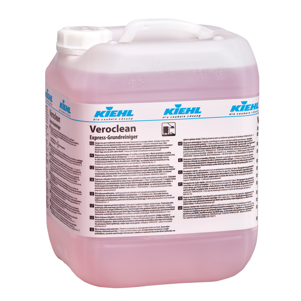 Em um grande recipiente de plástico transparente com tampa branca está o limpador básico rosa Kiehl Veroclean Express da Johannes Kiehl KG, que como limpador básico para todas as superfícies permite uma limpeza rápida e eficaz.