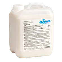 Eine weiße 5-Liter-Kunststoffflasche Kiehl Impranet Lösungsmittelfreie Steinimprägnierung der Johannes Kiehl KG mit Henkel, Schraubverschluss und mehrsprachigem Etikett mit blauem Kiehl-Logo.