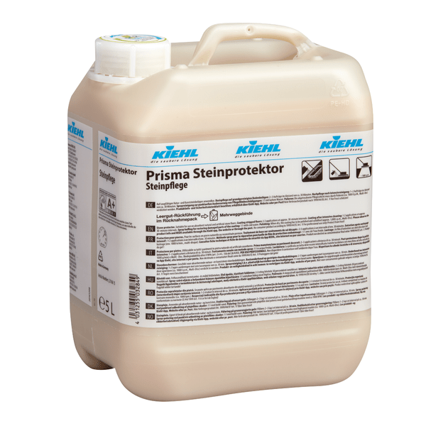 Recipiente de plástico bege de 5 litros da Johannes Kiehl KG Kiehl Prisma Steinprotektor Steinpflege com etiqueta informativa em alemão, ideal para proteção de pisos de pedra; na caixa com 2 garrafas (cada uma com 5 L).