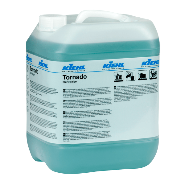 Em um grande recipiente de plástico transparente com alça e tampa de rosca encontra-se o poderoso limpador industrial Kiehl Tornado da Johannes Kiehl KG, que possui no rótulo instruções de uso e símbolos de perigo.