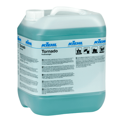 Em um grande recipiente de plástico transparente com alça e tampa de rosca encontra-se o poderoso limpador industrial Kiehl Tornado da Johannes Kiehl KG, que possui no rótulo instruções de uso e símbolos de perigo.