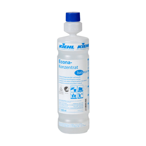 Uma garrafa de plástico de 1 litro com tampa azul e a inscrição "Kiehl Econa-Concentrado balance Limpeza Geral sem fragrâncias e corantes" da Johannes Kiehl KG. O produto de limpeza altamente concentrado possui instruções de uso e segurança com pictogramas no rótulo.