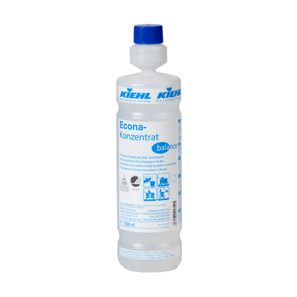 Uma garrafa de plástico de 1 litro com tampa azul e a inscrição "Kiehl Econa-Concentrado balance Limpeza Geral sem fragrâncias e corantes" da Johannes Kiehl KG. O produto de limpeza altamente concentrado possui instruções de uso e segurança com pictogramas no rótulo.