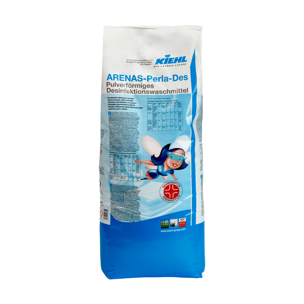 Um saco branco e azul de 15 kg com a inscrição "Kiehl ARENAS-Perla-Des detergente desinfetante em pó" da Johannes Kiehl KG, com texto e figura de quadrinhos - ideal para a limpeza higiénica com este detergente em pó eficaz.