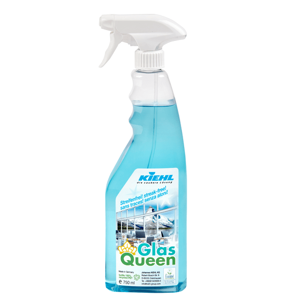 Uma garrafa de spray de 750 ml Johannes Kiehl KG Kiehl GlasQueen limpador de vidros e superfícies com líquido azul, bico de gatilho branco e etiqueta multilíngue com a indicação de janelas limpas para uma limpeza sem manchas.