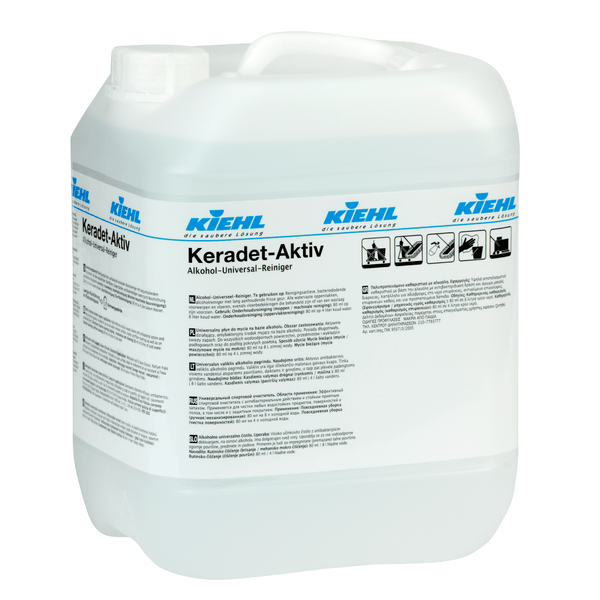 Recipiente de plástico branco de 10 litros da Johannes Kiehl KG com a inscrição "Kiehl Keradet-Aktiv Alkohol-Universal-Reiniger", com instruções impressas, símbolos de segurança, uma alça e uma tampa de rosca. Adequado para todas as superfícies.