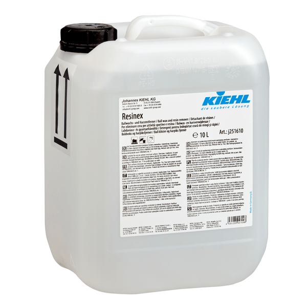 Um recipiente de 10 litros de plástico branco com a inscrição "Kiehl Resinex Removedor de Cera de Bola e Resina" da Johannes Kiehl KG, com uma grande pega, tampa de rosca preta, instruções em várias línguas e duas setas pretas na lateral.