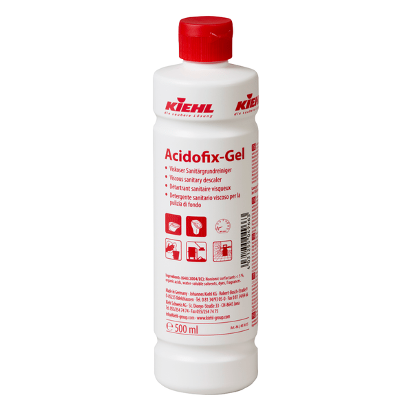 A garrafa de plástico branca de 500 ml do gel Acidofix da Johannes Kiehl KG, um limpador sanitário viscoso, possui uma tampa vermelha e um rótulo com instruções multilíngues e símbolos para a remoção de depósitos de calcário. Vendido em caixas com 12 garrafas.