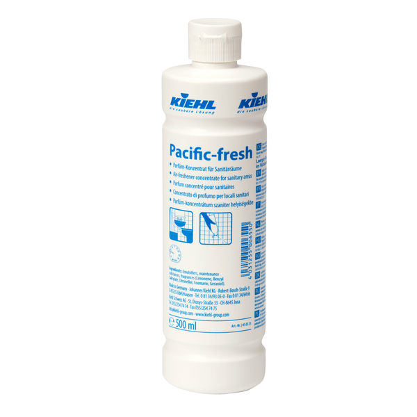 Garrafa plástica branca de 500 ml de concentrado de perfume Kiehl Pacific-fresh para instalações sanitárias da Johannes Kiehl KG com neutralização de odores, fragrância de longa duração, texto azul no rótulo e tampa branca. Disponível em caixas com 12 garrafas.