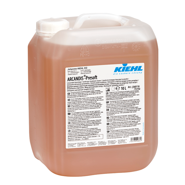 Um recipiente de 10 litros de Kiehl ARCANDIS-Presoft, um pré-limpador suave da Johannes Kiehl KG, com uma tampa de rosca branca e um rótulo grande e multilingue com informações sobre o produto e segurança. A marca Kiehl está bem visível no rótulo.