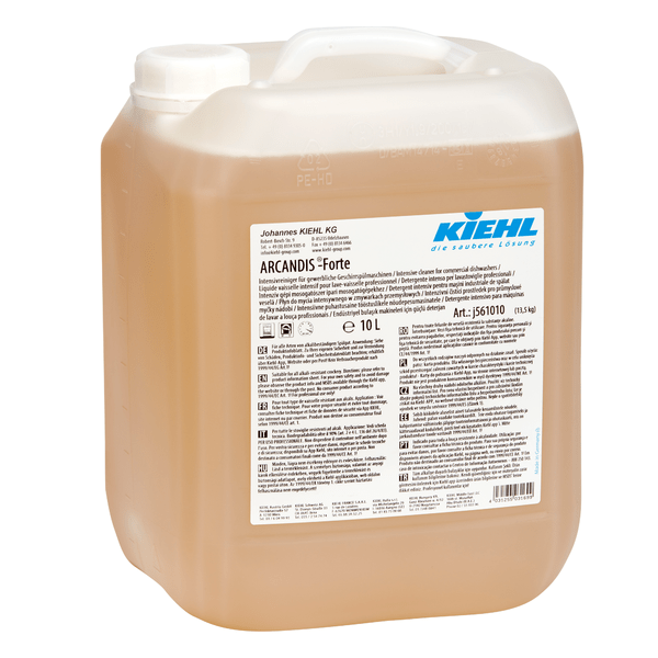 Um recipiente de 10 litros de plástico transparente com tampa de rosca branca, cheio de líquido âmbar. No rótulo está escrito em várias línguas "Kiehl ARCANDIS-Forte Limpeza intensiva para máquinas de lavar louça comerciais" da Johannes Kiehl KG.