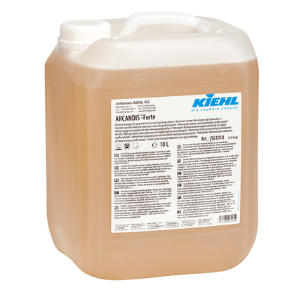 Um recipiente de 10 litros de plástico transparente com tampa de rosca branca, cheio de líquido âmbar. No rótulo está escrito em várias línguas "Kiehl ARCANDIS-Forte Limpeza intensiva para máquinas de lavar louça comerciais" da Johannes Kiehl KG.