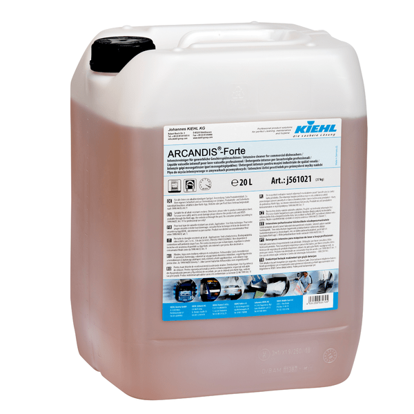 Um recipiente de plástico de 20 litros Kiehl ARCANDIS-Forte Limpeza intensiva para máquinas de lavar louça comerciais da Johannes Kiehl KG com alça branca e um rótulo frontal detalhado com instruções e imagens.
