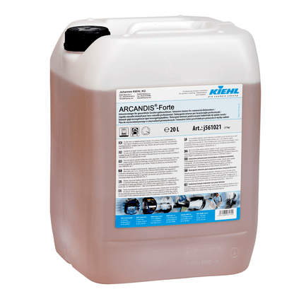 Um recipiente de plástico de 20 litros Kiehl ARCANDIS-Forte Limpeza intensiva para máquinas de lavar louça comerciais da Johannes Kiehl KG com alça branca e um rótulo frontal detalhado com instruções e imagens.