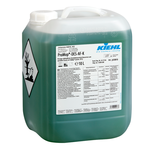 Um recipiente de 10 litros de Kiehl ProMop-DES-AF-K, um concentrado desinfetante verde, sem aldeídos, da Johannes Kiehl KG para limpeza e desinfecção profissional de superfícies. No rótulo encontram-se informações sobre o produto, avisos de segurança e símbolos de perigo.
