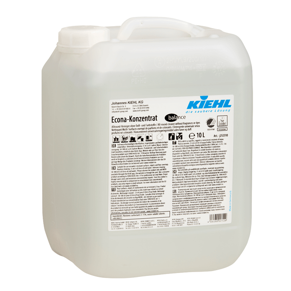 Recipiente de 10 litros em plástico transparente com Kiehl Econa-Concentrado balance Limpeza Geral sem fragrâncias e corantes da Johannes Kiehl KG, com etiqueta branca com informações do produto, avisos de segurança e marca em letras pretas e azuis.