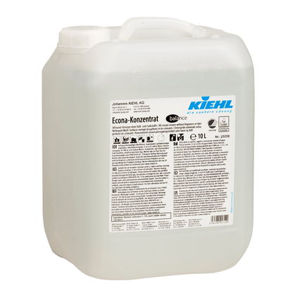 Recipiente de 10 litros em plástico transparente com Kiehl Econa-Concentrado balance Limpeza Geral sem fragrâncias e corantes da Johannes Kiehl KG, com etiqueta branca com informações do produto, avisos de segurança e marca em letras pretas e azuis.