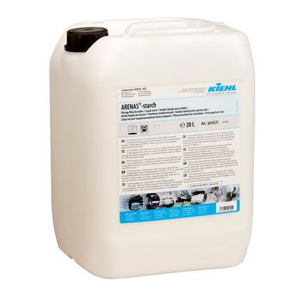 Ein 20-Liter-Behälter aus weißem Kunststoff mit schwarzem Schraubverschluss und der Aufschrift "Kiehl ARENAS-Stärke Flüssige Wäschestärke" der Johannes Kiehl KG. Das Etikett enthält Produktinfos, Anwendungshinweise und Piktogramme. Schonend für Textilien.