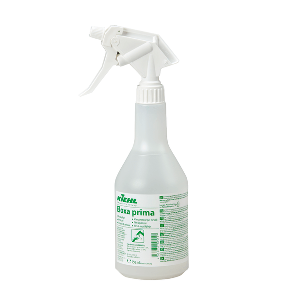 Garrafa de spray de plástico transparente "Kiehl Eloxa prima Cuidado de Metal 750 ml" da Johannes Kiehl KG com bico de pulverização branco e inscrição verde para limpeza e cuidado de superfícies metálicas; também disponível em caixa com 6 garrafas.