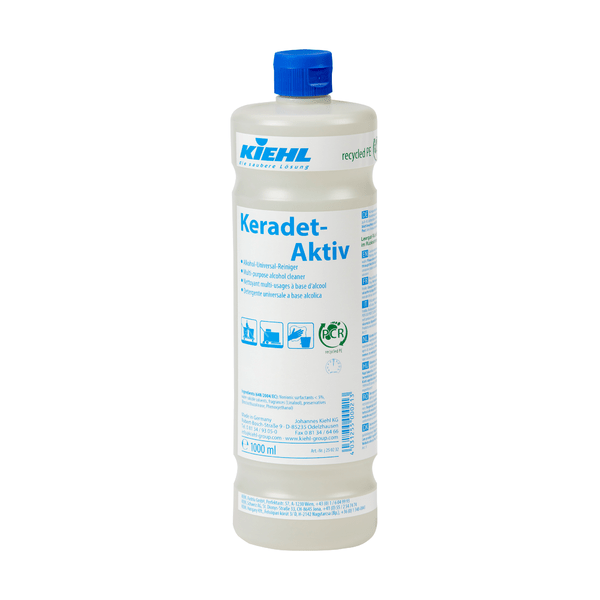 Garrafa de plástico branca da Johannes Kiehl KG Kiehl Keradet-Aktiv Alkohol-Universal-Reiniger com tampa azul e rótulo em alemão com símbolos de aplicação e instruções de limpeza - ideal para todas as superfícies.