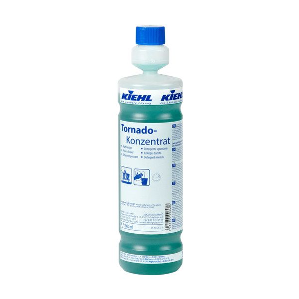 Uma garrafa de 1 L do concentrado de limpeza potente Kiehl Tornado, da Johannes Kiehl KG, com tampa azul e líquido verde. No rótulo constam informações sobre o produto, pictogramas e instruções em alemão. Disponível em caixas de 6 garrafas.