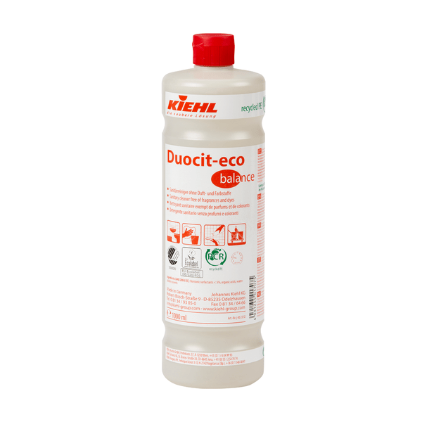 Uma garrafa de plástico de 1 litro da Johannes Kiehl KG Kiehl Duocit-eco balance Sanitärreiniger ohne Duft- und Farbstoffe com tampa vermelha e rótulo branco com informações do produto em vermelho e preto, símbolos e instruções de uso.