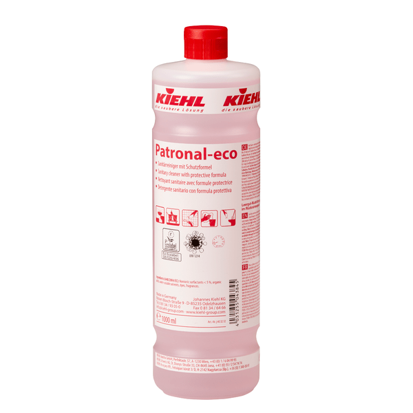 Uma garrafa de 1 litro de Johannes Kiehl KG Kiehl Patronal-eco Limpeza Sanitária com Fórmula de Proteção com tampa vermelha e etiqueta vermelho-branco com instruções multilíngues. Contém líquido rosa claro para limpeza completa.