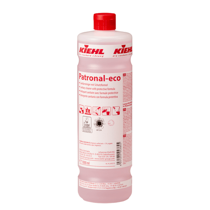 Uma garrafa de 1 litro de Johannes Kiehl KG Kiehl Patronal-eco Limpeza Sanitária com Fórmula de Proteção com tampa vermelha e etiqueta vermelho-branco com instruções multilíngues. Contém líquido rosa claro para limpeza completa.