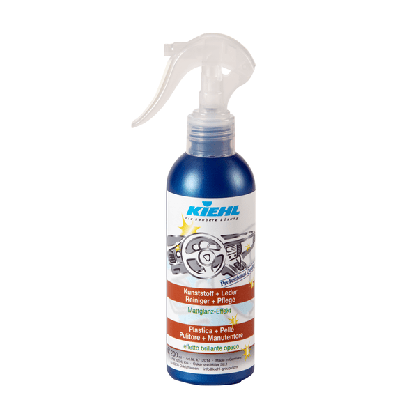 Garrafa de spray de plástico da Kiehl Kunststoff+Leder / Limpeza+Cuidados da Johannes Kiehl KG para limpeza e cuidado de interiores de automóveis e couro, com bico de gatilho transparente e rótulo azul e branco com gráfico de interior de automóvel.
