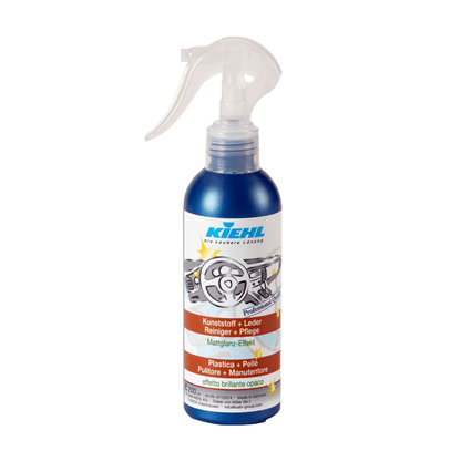 Garrafa de spray de plástico da Kiehl Kunststoff+Leder / Limpeza+Cuidados da Johannes Kiehl KG para limpeza e cuidado de interiores de automóveis e couro, com bico de gatilho transparente e rótulo azul e branco com gráfico de interior de automóvel.
