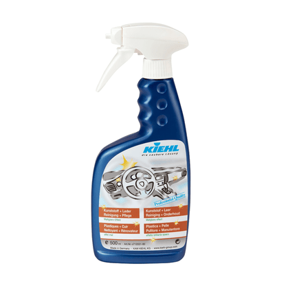 Uma garrafa de spray azul de 500 ml da Johannes Kiehl KG Kunststoff+Leder / Limpeza+Cuidados com gatilho branco, rotulada para limpeza e cuidado de superfícies de plástico e couro, ideal para limpeza de superfícies e cuidado de couro.