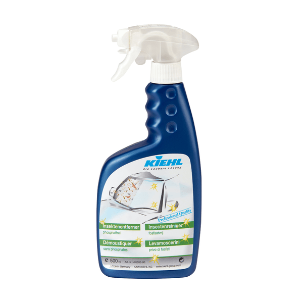 O frasco spray azul da Johannes Kiehl KG Kiehl removedor de insetos com gatilho branco e rótulo multilíngue, no qual está ilustrado um para-brisa de carro, oferece proteção eficaz contra insetos para o seu veículo.