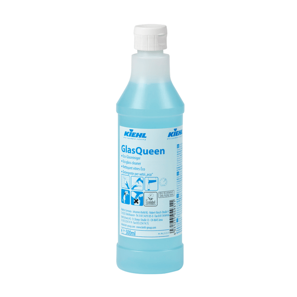Uma garrafa de 500 ml Johannes Kiehl KG Kiehl GlasQueen limpador de vidros e superfícies com tampa branca e líquido azul; na etiqueta encontram-se informações sobre o produto, instruções de uso e símbolos azuis que mostram a limpeza sem manchas de várias superfícies.