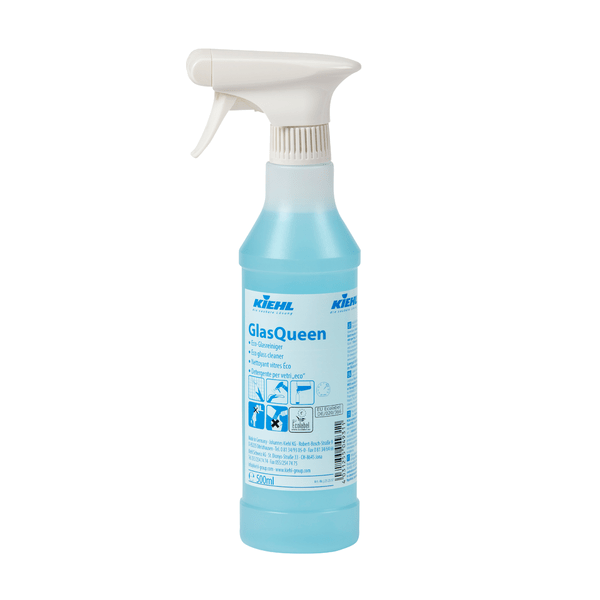Um frasco de spray de plástico com líquido azul e a inscrição "Kiehl GlasQueen limpador de vidros e superfícies" da Johannes Kiehl KG. De acordo com a etiqueta, trata-se de um limpador de vidros sem manchas com instruções e símbolos para limpeza de superfícies de vidro.