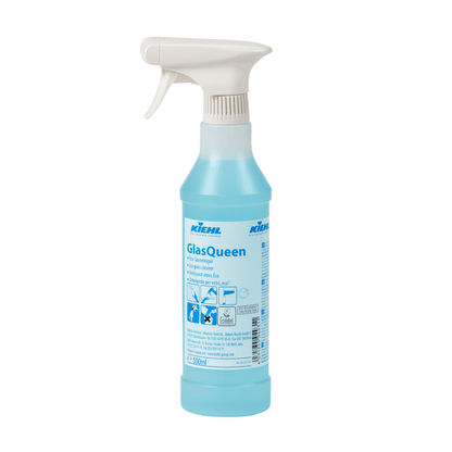 Um frasco de spray de plástico com líquido azul e a inscrição "Kiehl GlasQueen limpador de vidros e superfícies" da Johannes Kiehl KG. De acordo com a etiqueta, trata-se de um limpador de vidros sem manchas com instruções e símbolos para limpeza de superfícies de vidro.