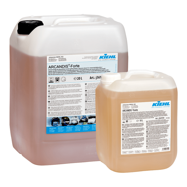 Dois recipientes de plástico transparente (20L & 10L) da Johannes Kiehl KG Kiehl ARCANDIS-Forte Limpeza intensiva para máquinas de lavar louça comerciais, com rótulos detalhados do produto brancos.
