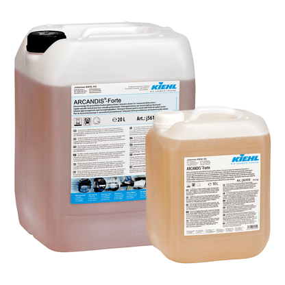 Dois recipientes de plástico transparente (20L & 10L) da Johannes Kiehl KG Kiehl ARCANDIS-Forte Limpeza intensiva para máquinas de lavar louça comerciais, com rótulos detalhados do produto brancos.