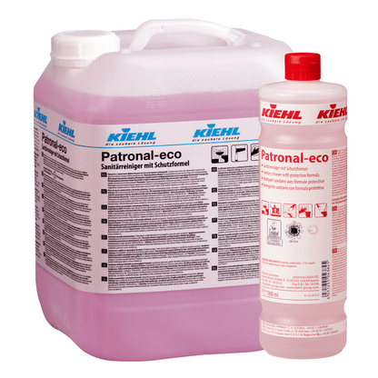 Estão representados dois recipientes do Limpeza Sanitária Patronal-eco com Fórmula de Proteção da Johannes Kiehl KG: um galão transparente de 10 L com alça e uma garrafa de 1 L com tampa vermelha. Ambos possuem etiquetas detalhadas para limpeza completa e fórmula de proteção.