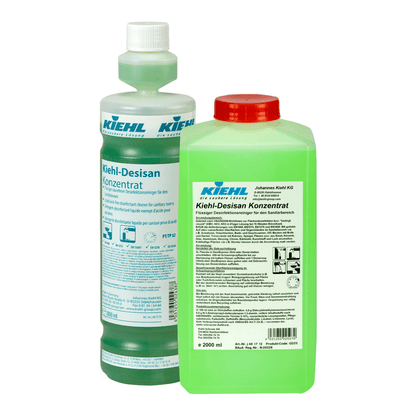 Duas garrafas de Kiehl Desisan Konzentrat Limpeza Desinfetante Líquida sem Ácido da Johannes Kiehl KG: uma alta, transparente com tampa branca/rótulo azul; uma retangular, verde com tampa vermelha/rótulo branco - ideal para limpeza higiênica.