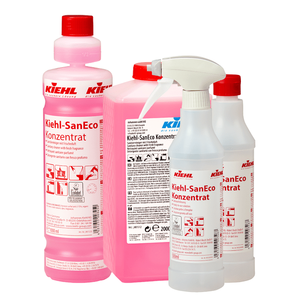 Representadas estão seis garrafas de funil de 500 ml Kiehl-SanEco vazias da Johannes Kiehl KG, cada uma opcionalmente com pulverizador de espuma ou tampa de spray. As garrafas estão equipadas com etiquetas para as instruções de uso.