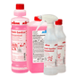 Representadas estão seis garrafas de funil de 500 ml Kiehl-SanEco vazias da Johannes Kiehl KG, cada uma opcionalmente com pulverizador de espuma ou tampa de spray. As garrafas estão equipadas com etiquetas para as instruções de uso.