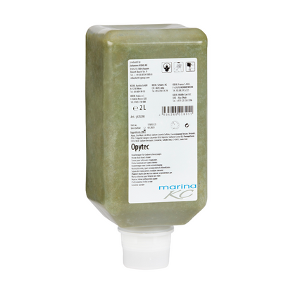 Eine 2-Liter-Rechteckflasche des grünlichen Kiehl Opytec Handreinigers für Grobverschmutzungen der Johannes Kiehl KG mit weißem Info-Etikett und breitem Spenderverschluss am Boden enthält wirksamen Handreiniger für starke Verschmutzungen.