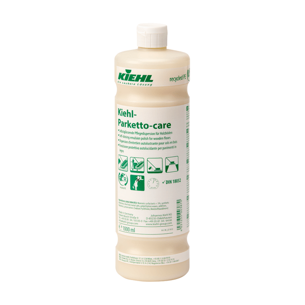 Uma garrafa de plástico de 1.000 ml do Kiehl Parketto-care Dispersão de Cuidados Auto-Brilhante para Pisos de Madeira da Johannes Kiehl KG está equipada com um rótulo verde e branco, pictogramas para pisos de parquet, um manual e uma tampa de rosca.