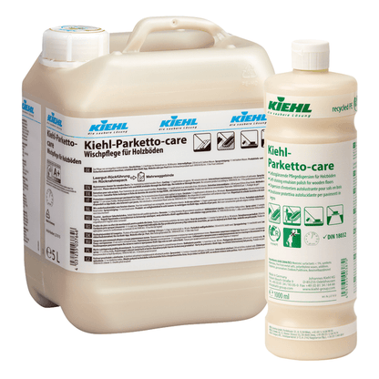 Um recipiente de 5L e uma garrafa de 1L do Kiehl Parketto-care Dispersão de Cuidados Auto-Brilhante para Pisos de Madeira da Johannes Kiehl KG estão representados lado a lado, cada um com rótulos brancos com informações do produto em vários idiomas.