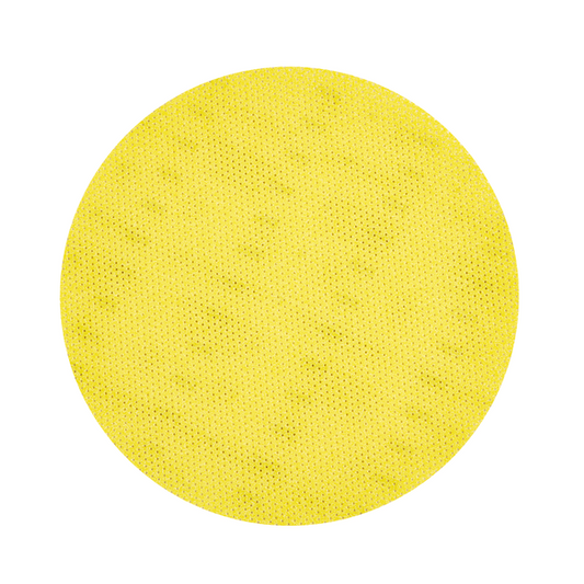 Ein großer, einfarbiger gelber Kreis mit einer subtilen gepunkteten Struktur - der an ein Kiehl Woodmaster-Pad Schleifpad rund Körnung 100 der Johannes Kiehl KG erinnert - füllt die Mitte eines weißen Hintergrunds.